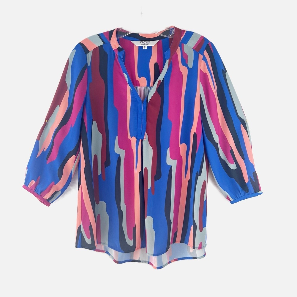 CROSBY Bold Bright Preppy Career Wavy Striped 3/4 Sleeve‎ V Neck Blouse Sz Small